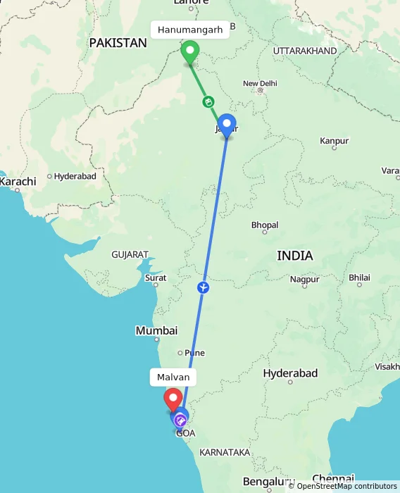 Route map showing distance and travel time from Hanumangarh, India to Malvan, India