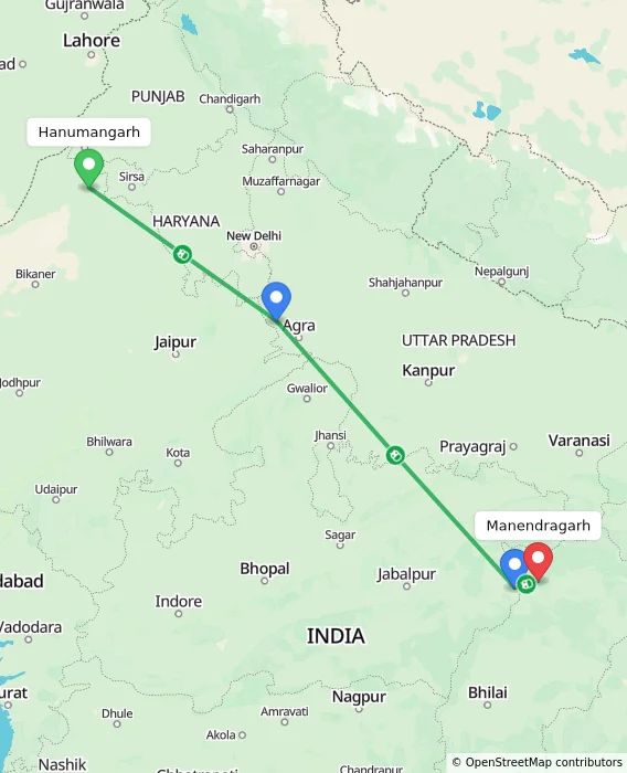 Route map showing distance and travel time from Hanumangarh, India to Manendragarh, India