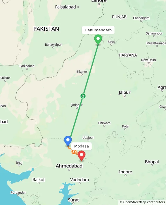 Route map showing distance and travel time from Hanumangarh, India to Modasa, India