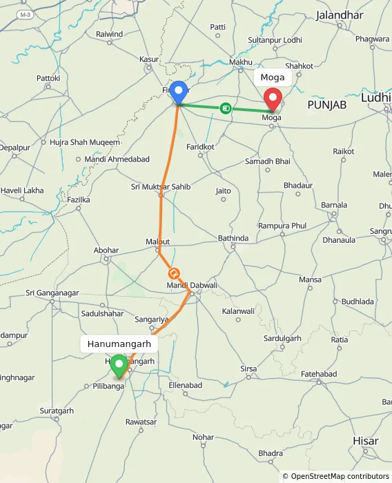Route map showing distance and travel time from Hanumangarh, India to Moga, India