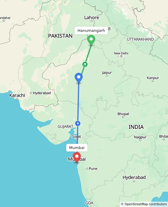 Route map showing distance and travel time from Hanumangarh, India to Mumbai, India