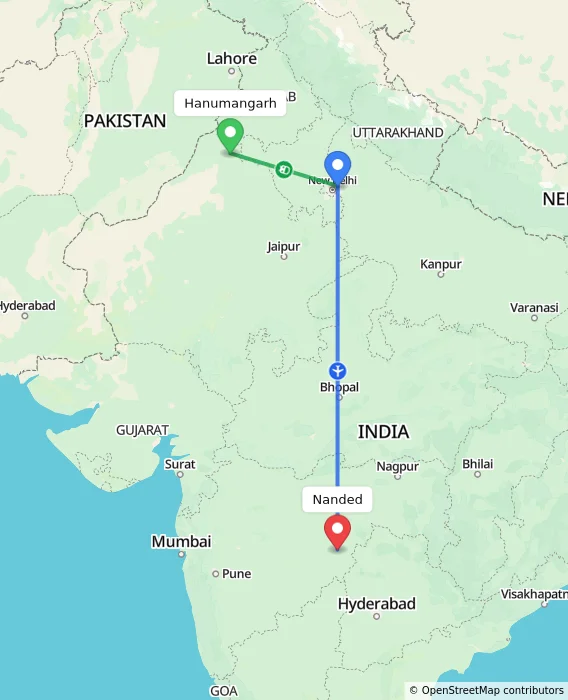 Route map showing distance and travel time from Hanumangarh, India to Nanded, India