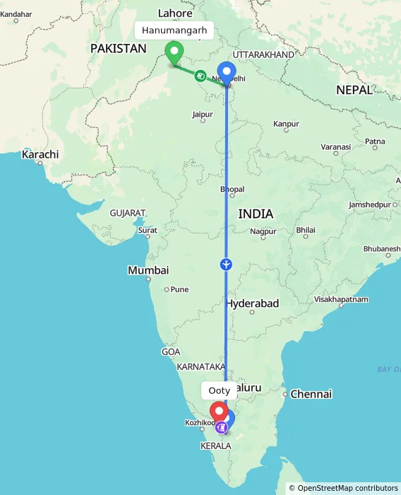Route map showing distance and travel time from Hanumangarh, India to Ooty, India