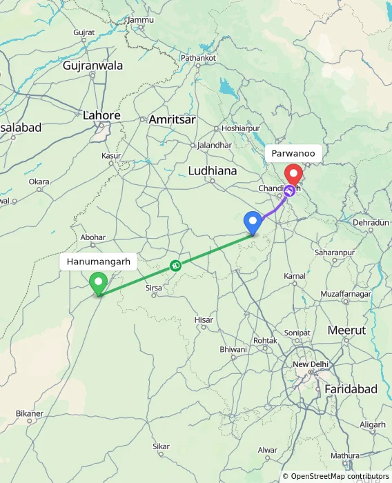 Route map showing distance and travel time from Hanumangarh, India to Parwanoo, India