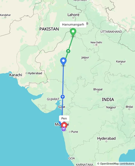 Route map showing distance and travel time from Hanumangarh, India to Pen, India