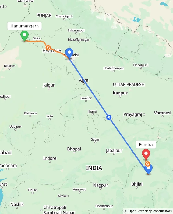 Route map showing distance and travel time from Hanumangarh, India to Pendra, India