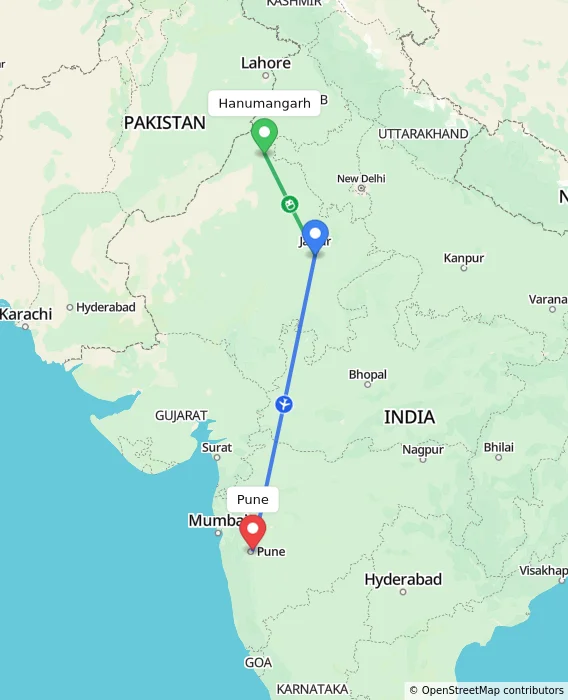 Route map showing distance and travel time from Hanumangarh, India to Pune, India