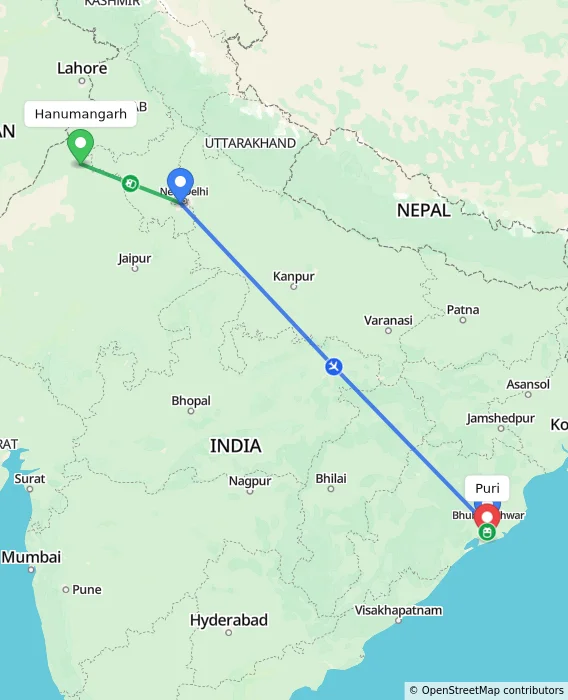 Route map showing distance and travel time from Hanumangarh, India to Puri, India