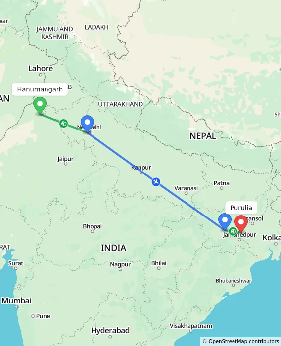 Route map showing distance and travel time from Hanumangarh, India to Purulia, India