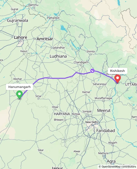 Route map showing distance and travel time from Hanumangarh, India to Rishikesh, India