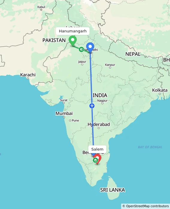 Route map showing distance and travel time from Hanumangarh, India to Salem, India