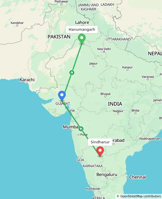 Route map showing distance and travel time from Hanumangarh, India to Sindhanur, India