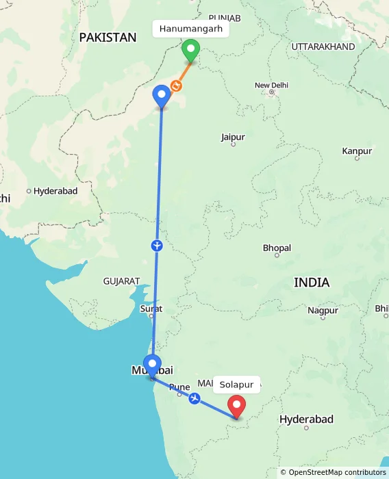 Route map showing distance and travel time from Hanumangarh, India to Solapur, India