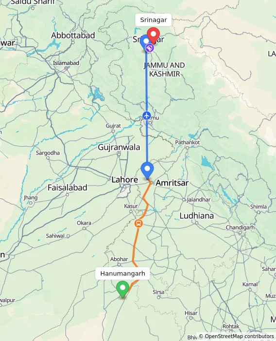 Route map showing distance and travel time from Hanumangarh, India to Srinagar, India