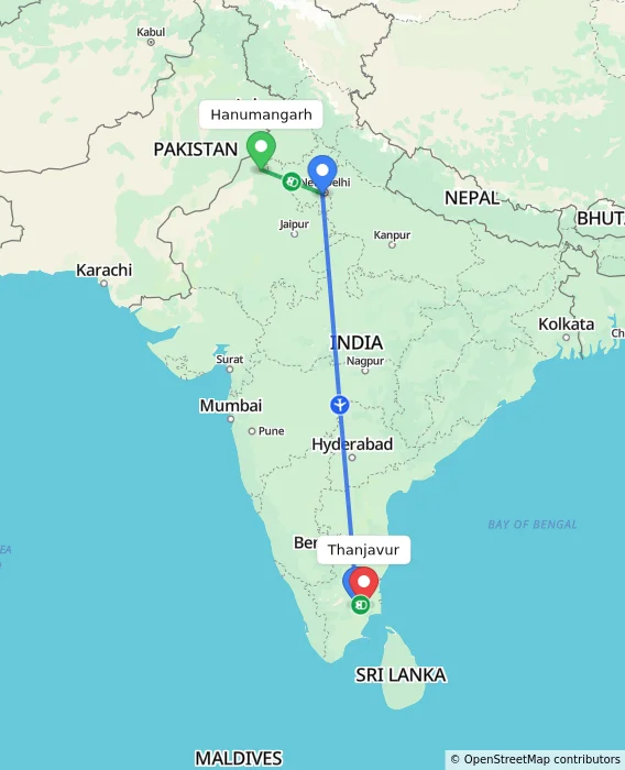 Route map showing distance and travel time from Hanumangarh, India to Thanjavur, India