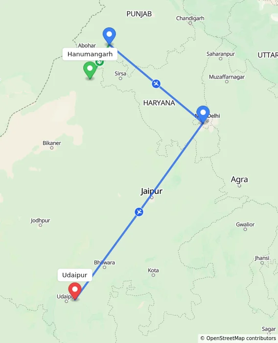Route map showing distance and travel time from Hanumangarh, India to Udaipur, India