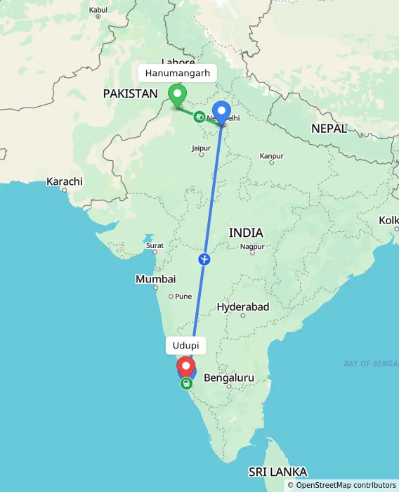 Route map showing distance and travel time from Hanumangarh, India to Udupi, India