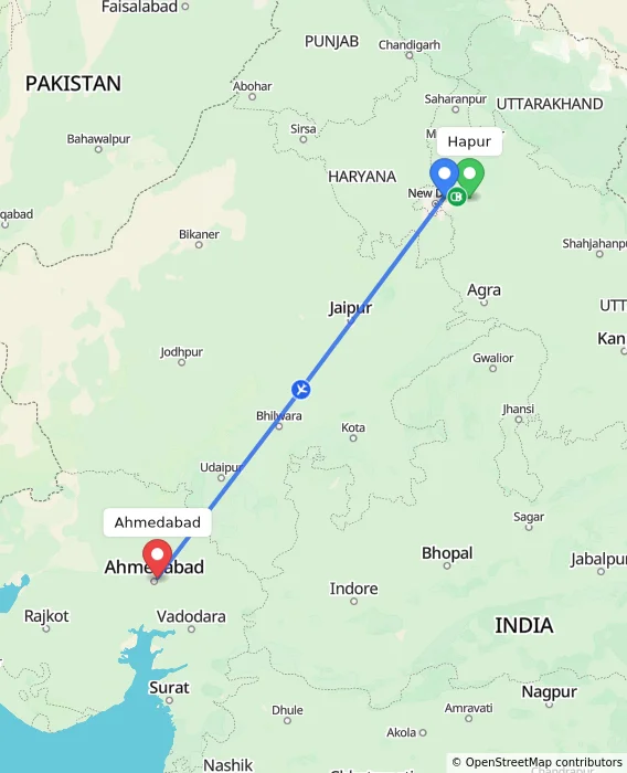 Route map showing distance and travel time from Hapur, India to Ahmedabad, India