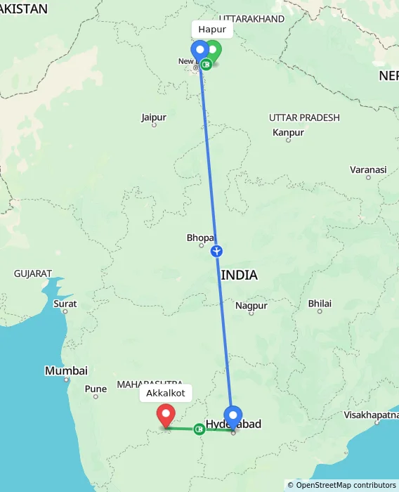 Route map showing distance and travel time from Hapur, India to Akkalkot, India