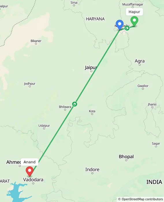 Route map showing distance and travel time from Hapur, India to Anand, India