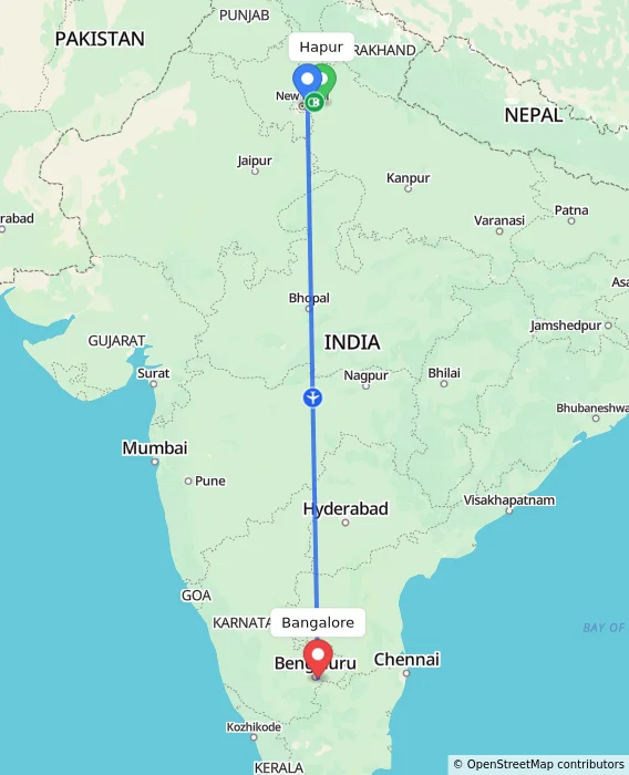 Route map showing distance and travel time from Hapur, India to Bangalore, India