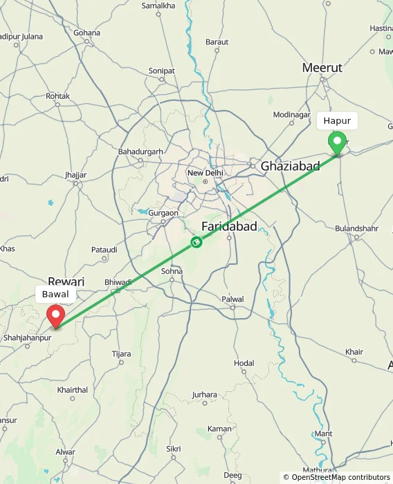 Route map showing distance and travel time from Hapur, India to Bawal, India