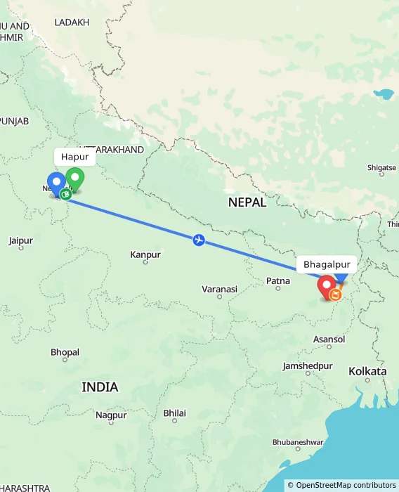 Route map showing distance and travel time from Hapur, India to Bhagalpur, India