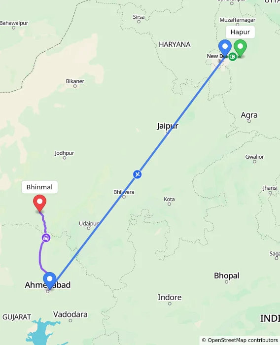 Route map showing distance and travel time from Hapur, India to Bhinmal, India