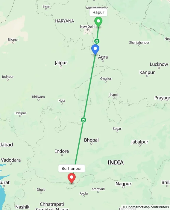 Route map showing distance and travel time from Hapur, India to Burhanpur, India