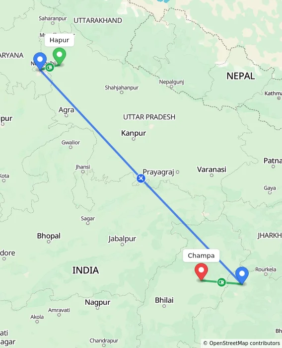 Route map showing distance and travel time from Hapur, India to Champa, India