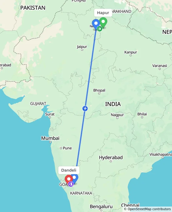 Route map showing distance and travel time from Hapur, India to Dandeli, India