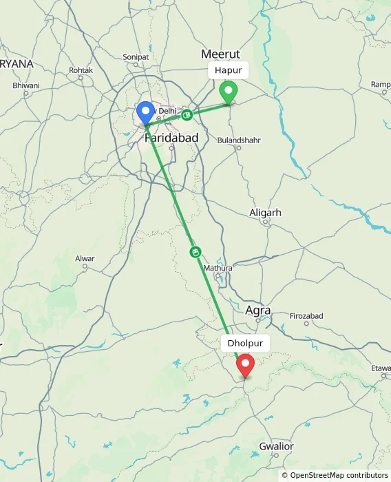 Route map showing distance and travel time from Hapur, India to Dholpur, India