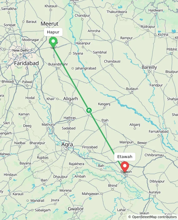 Route map showing distance and travel time from Hapur, India to Etawah, India