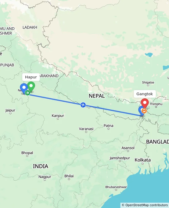 Route map showing distance and travel time from Hapur, India to Gangtok, India