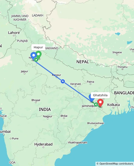 Route map showing distance and travel time from Hapur, India to Ghatshila, India