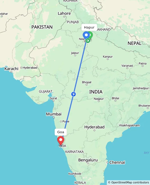 Route map showing distance and travel time from Hapur, India to Goa, India