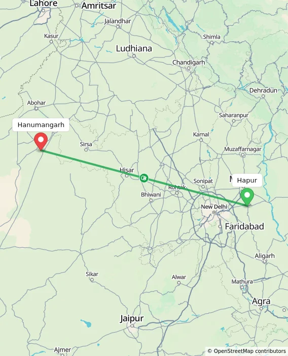 Route map showing distance and travel time from Hapur, India to Hanumangarh, India