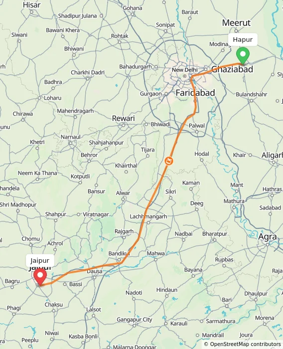 Route map showing distance and travel time from Hapur, India to Jaipur, India