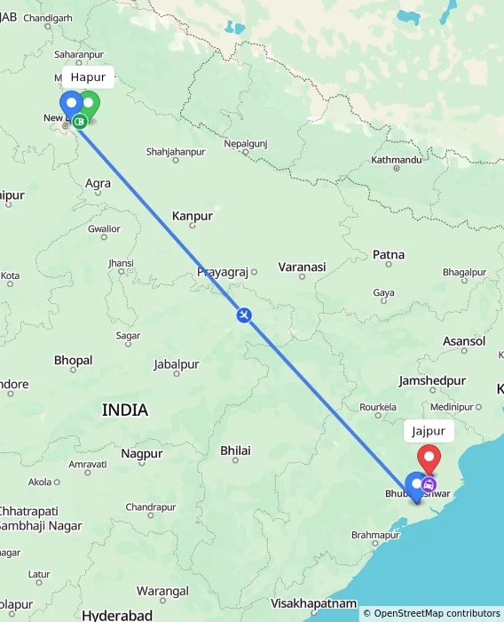 Route map showing distance and travel time from Hapur, India to Jajpur, India