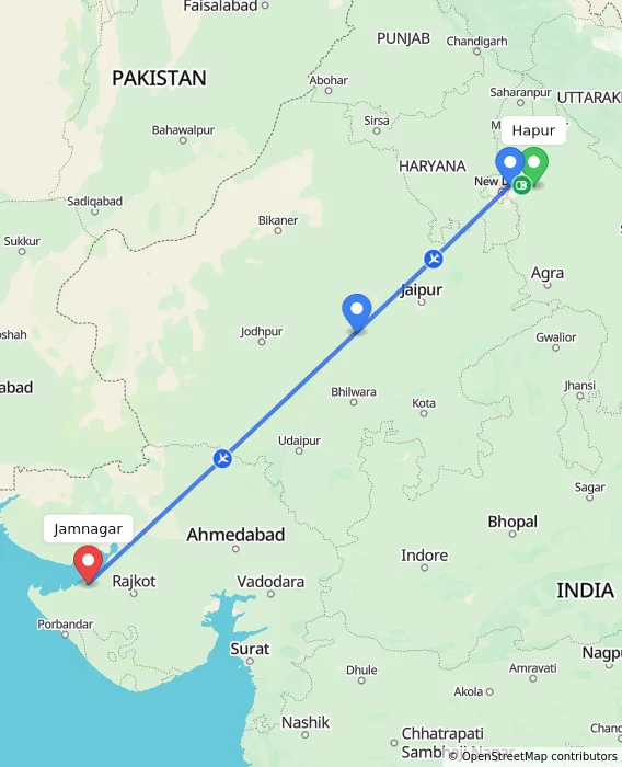 Route map showing distance and travel time from Hapur, India to Jamnagar, India