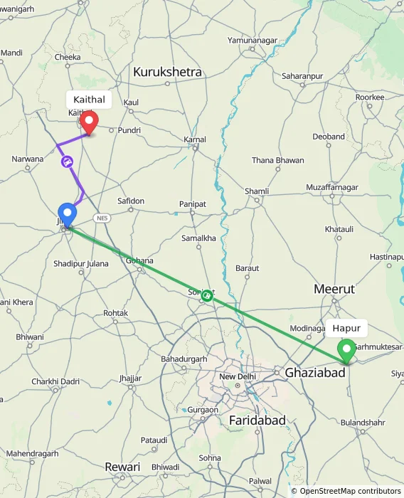 Route map showing distance and travel time from Hapur, India to Kaithal, India