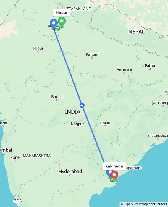 Route map showing distance and travel time from Hapur, India to Kakinada, India