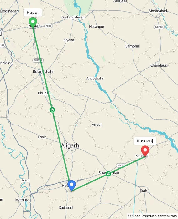 Route map showing distance and travel time from Hapur, India to Kasganj, India