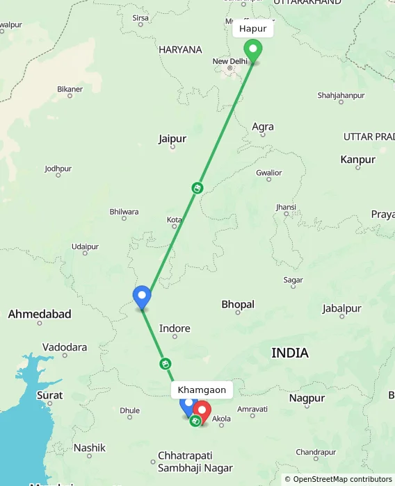 Route map showing distance and travel time from Hapur, India to Khamgaon, India