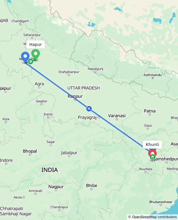 Route map showing distance and travel time from Hapur, India to Khunti, India