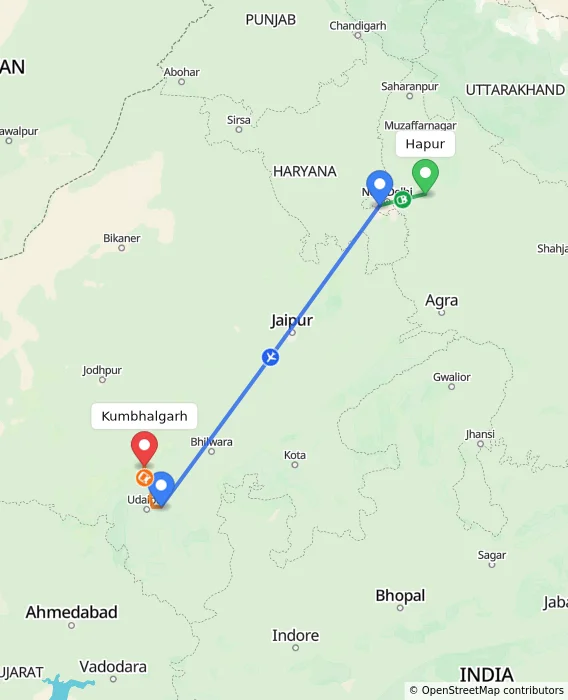 Route map showing distance and travel time from Hapur, India to Kumbhalgarh, India