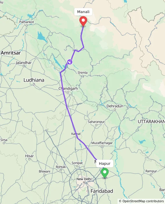 Route map showing distance and travel time from Hapur, India to Manali, India
