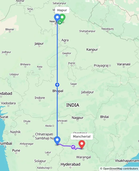 Route map showing distance and travel time from Hapur, India to Mancherial, India