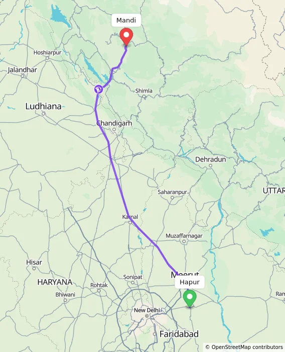 Route map showing distance and travel time from Hapur, India to Mandi, India