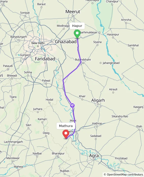 Route map showing distance and travel time from Hapur, India to Mathura, India
